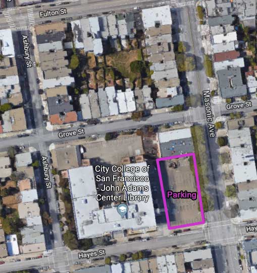 Satellite image of John Adams Center at CCSF, showing surrounding streets and denoting parking lot on east side of building.